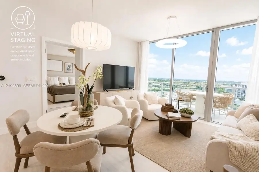 Floor-to-ceiling glass windows, private balcony, wood-finish flooring, and modern pendant lighting