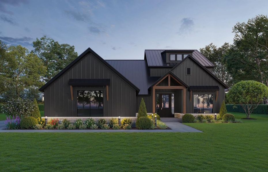 Modern farmhouse style home featuring a front yard, board and batten siding, and a metal roof