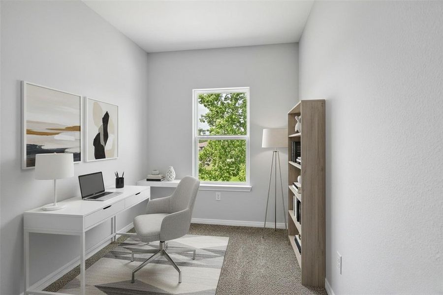 This room showcases a small, bright flex space that could be used as a home office with a large window, neutral walls, and carpeted flooring.  **Photo has been staged.**
