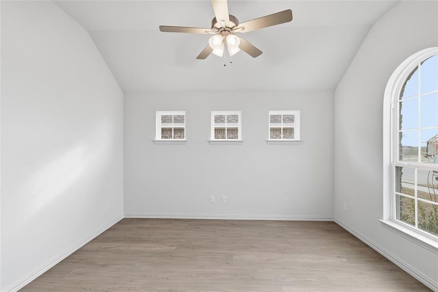 Empty room featuring ceiling fan, light wood finished floors, plenty of natural light, and vaulted ceiling