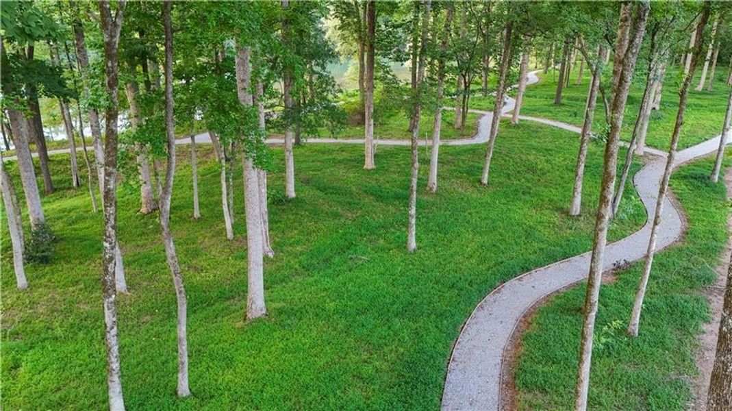 Winding trails along the riverbank offer stunning views of the water and surrounding nature. These paths are graveled, perfect for leisurely strolls.