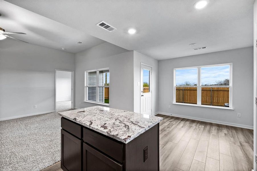 Kitchen with plenty of natural light, light stone counters, light carpet, and ceiling fan