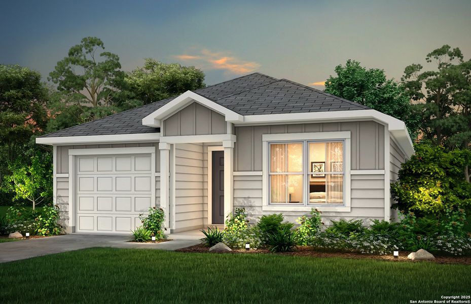 Front exterior of a new home in Vista Real, Converse, TX, highlighting curb appeal (Image 1).