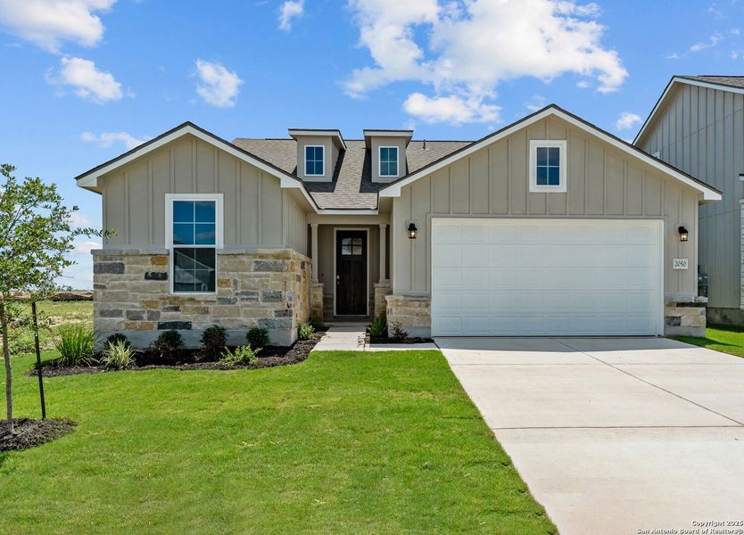 Front exterior of a new home in Weltner Farms 50’s, New Braunfels, TX, highlighting curb appeal (Image 21).