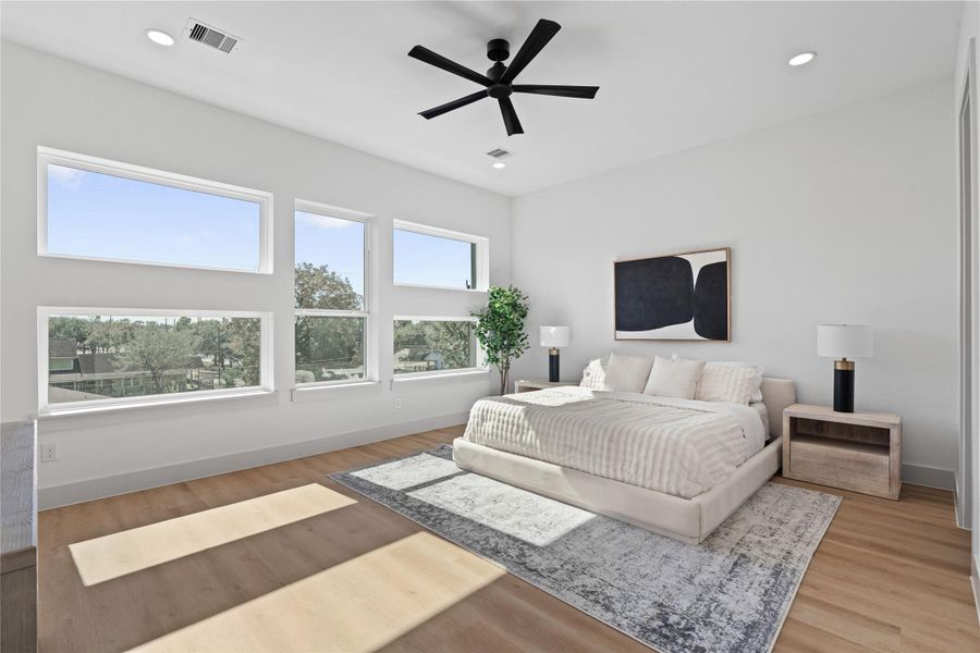 Awash in natural light, the primary suite features custom windows & ten-foot ceilings that lend a sense of calm & openness. Awash in natural light, the primary suite features custom windows & ten-foot ceilings that lend a sense of calm & openness.