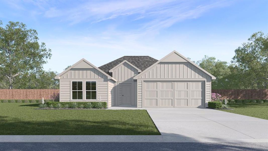 Modern farmhouse style home featuring board and batten siding, fence, concrete driveway, a front yard, and a garage