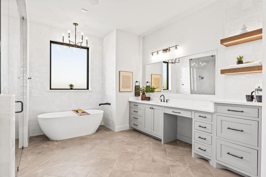 Owner's Bath Freestanding Tub with Privacy Glass