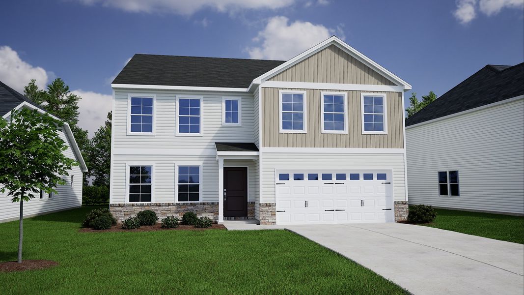 Representative exterior photo of a completed home built from the Wilkinson - Genesis Value Collection by Mungo Homes in Ellington, Elgin, SC (Image 24). Representative exterior photo of a completed home built from the Wilkinson - Genesis Value Collection by Mungo Homes in Ellington, Elgin, SC (Image 24).