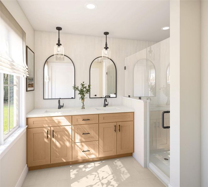 Full bath featuring double vanity, a stall shower, and recessed lighting