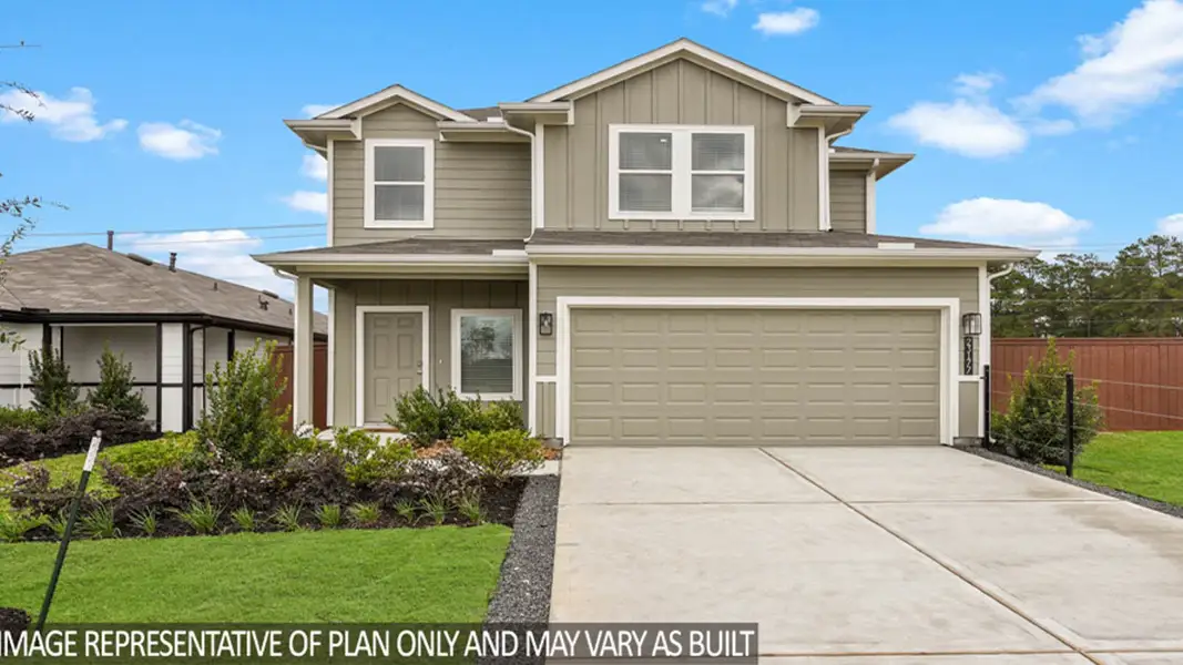 Front exterior of a new home in Presswoods, Splendora, TX, highlighting curb appeal (Image 1). Front exterior of a new home in Presswoods, Splendora, TX, highlighting curb appeal (Image 1).