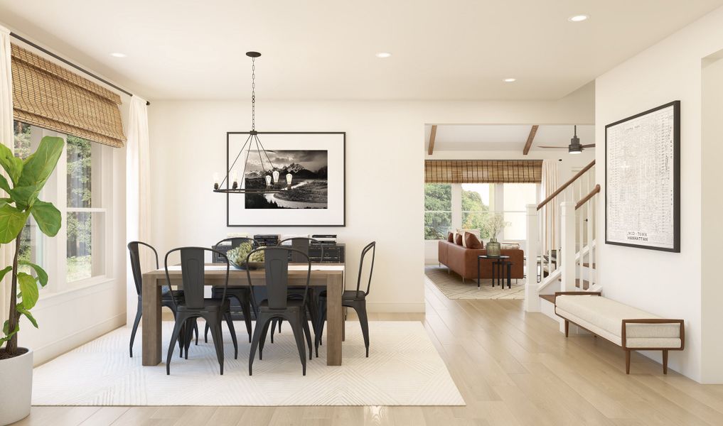 Dining room with chandelier and gorgeous wood flooring