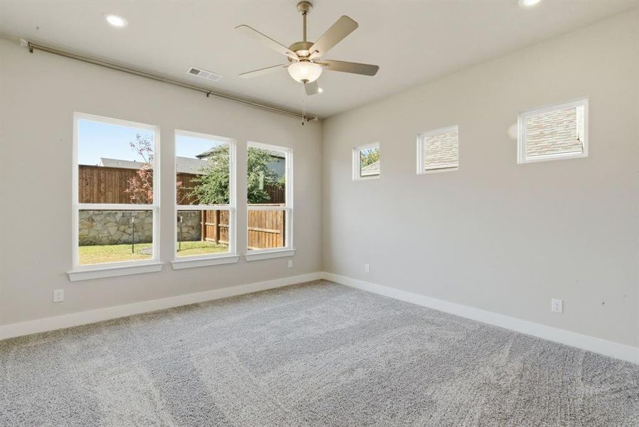 Unfurnished room with carpet flooring, recessed lighting, and ceiling fan