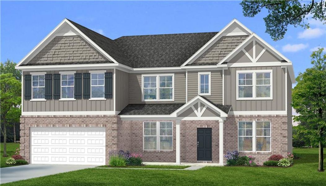 Front exterior of a new home in Grandview at Millers Mill, Stockbridge, GA, highlighting curb appeal (Image 2). Front exterior of a new home in Grandview at Millers Mill, Stockbridge, GA, highlighting curb appeal (Image 2).