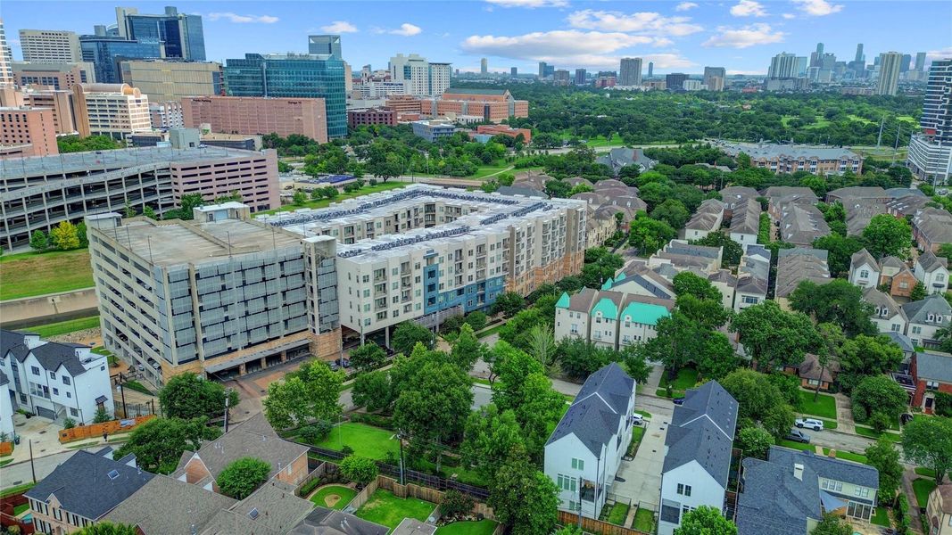 Aerial view showing the Med Center (left), Hermann Park (center), and Downtown (background) Aerial view showing the Med Center (left), Hermann Park (center), and Downtown (background)
