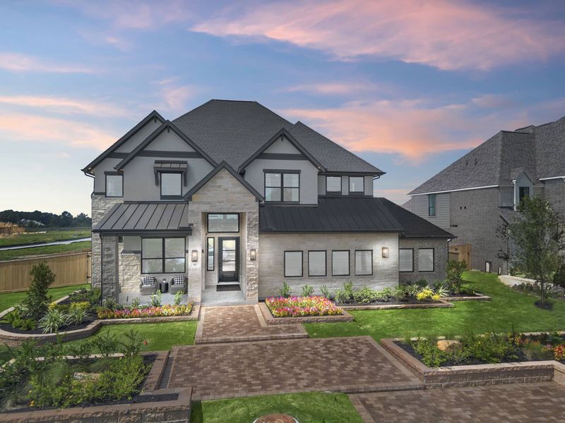 Front exterior of a new home in Evergreen, Conroe, TX, highlighting curb appeal (Image 25). Front exterior of a new home in Evergreen, Conroe, TX, highlighting curb appeal (Image 25).