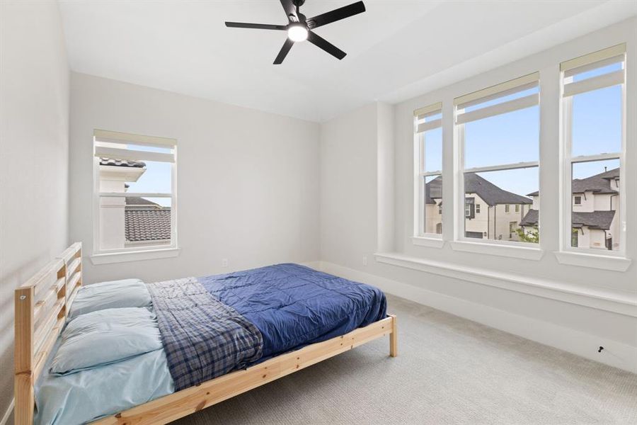Bedroom featuring carpet and ceiling fan