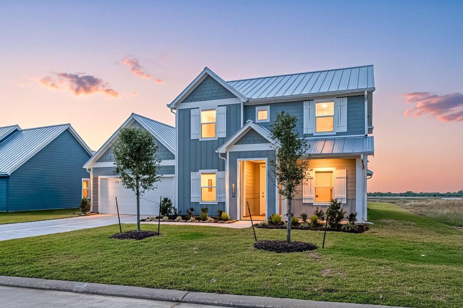 Front exterior of a new home in Grand Cay Harbour, Texas City, TX, highlighting curb appeal (Image 1). Front exterior of a new home in Grand Cay Harbour, Texas City, TX, highlighting curb appeal (Image 1).