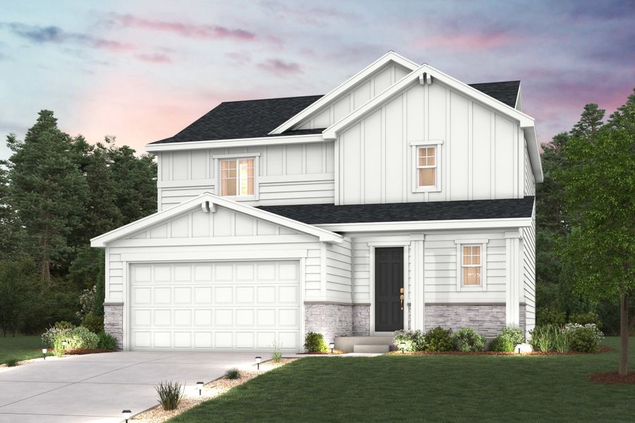 Front exterior of a new home in Bella Vista, Lochbuie, CO, highlighting curb appeal (Image 1). Front exterior of a new home in Bella Vista, Lochbuie, CO, highlighting curb appeal (Image 1).