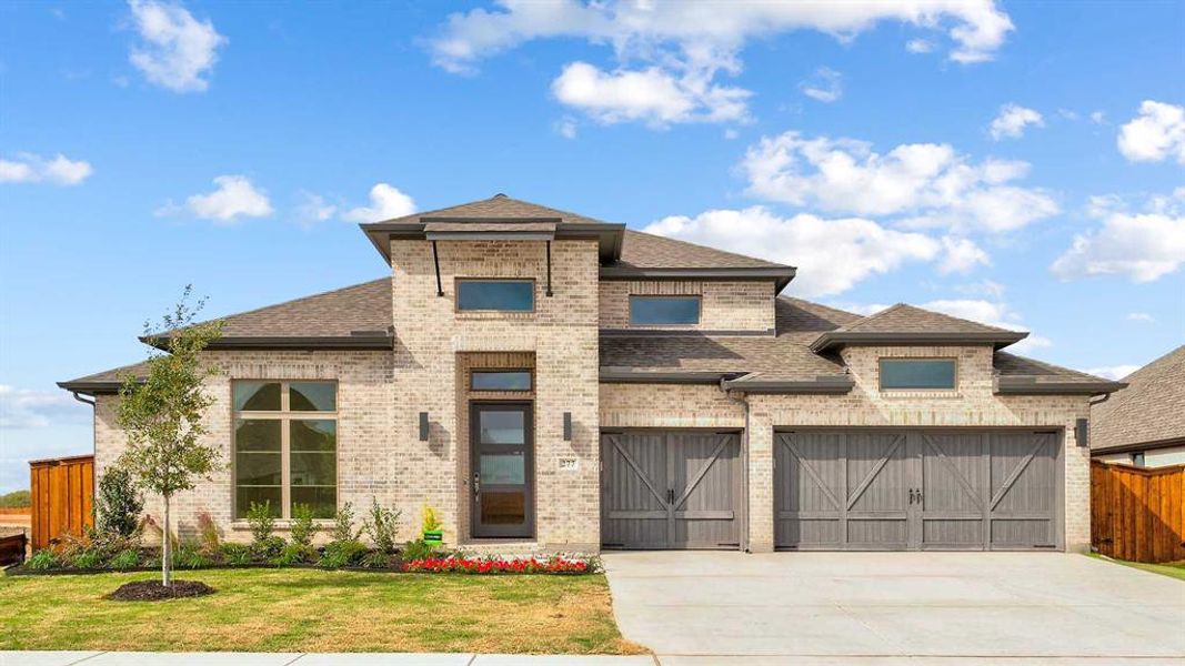 Front exterior of a new home in Myrtle Creek 71', Waxahachie, TX, highlighting curb appeal (Image 1).