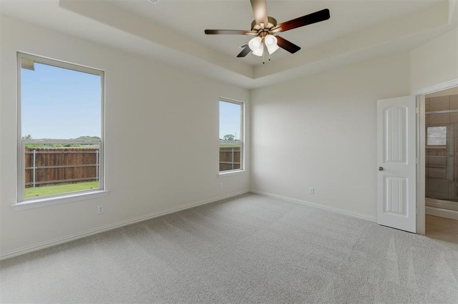 Carpeted room featuring a tray ceiling with a ceiling fan, two windows, and an interior door