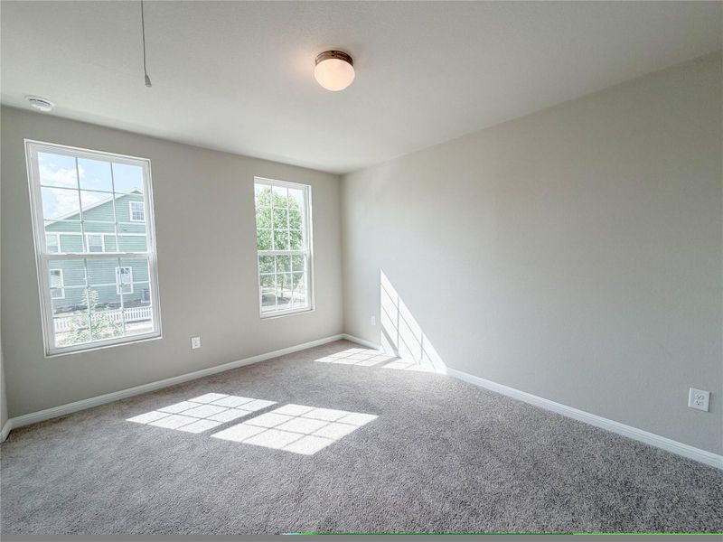 Carpeted room featuring two double-hung windows with white trim, light gray walls, a flush-mount ceiling light fixture, and white baseboards