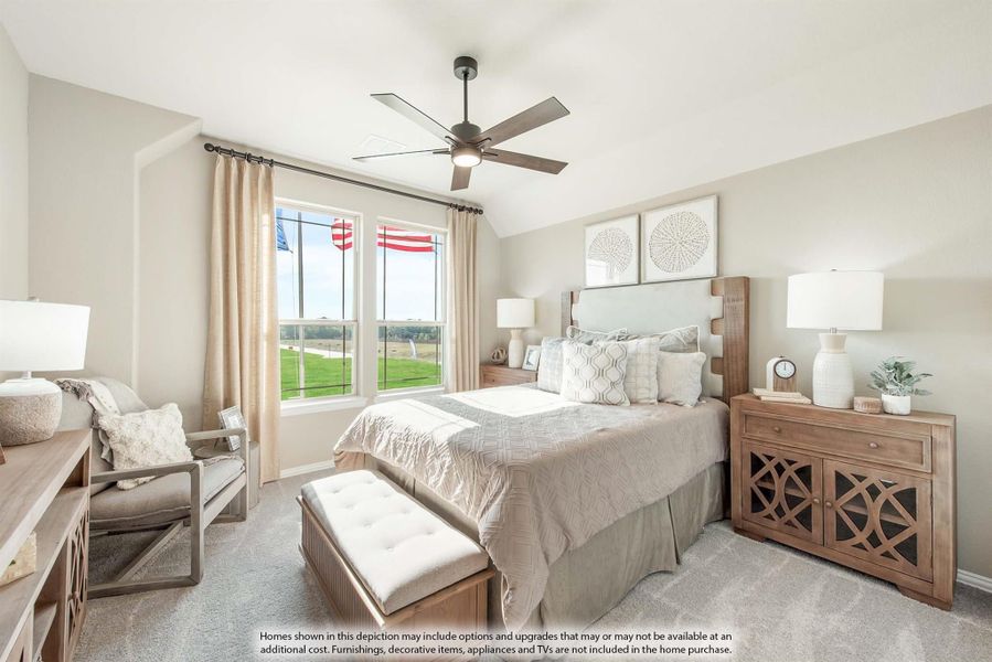 Bedroom with king bed, ceiling fan, vaulted ceiling, wood nightstands, and large window with outdoor view