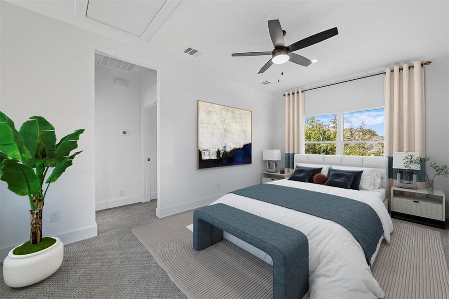 Bedroom with light carpet and ceiling fan