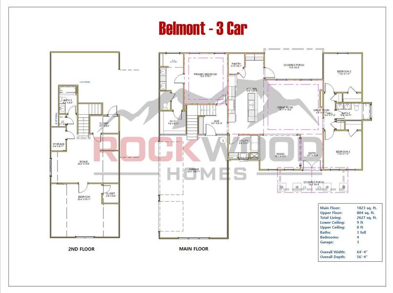 2D floor plan layout for the Belmont by Rockwood Homes in Wofford Estates, Clarksville, TN (Image 4).