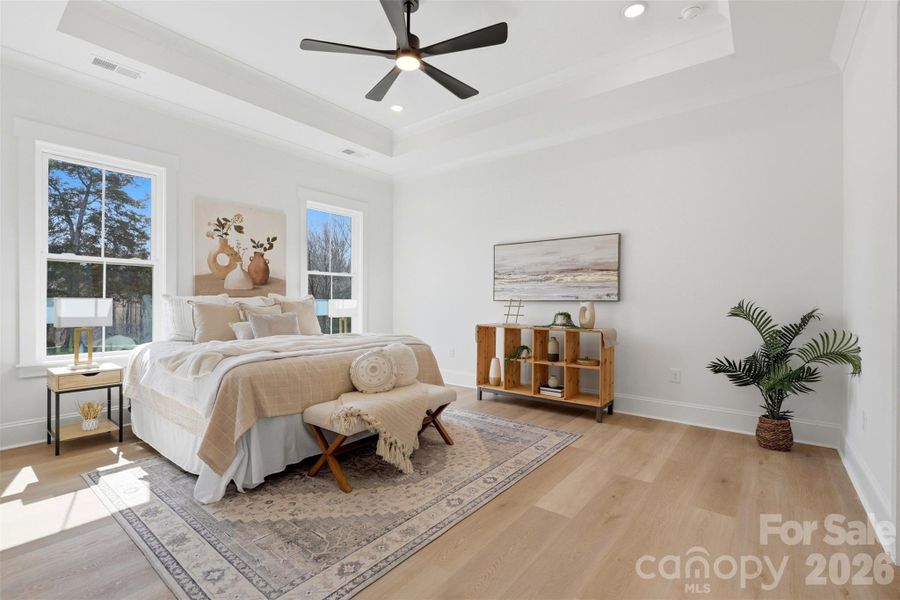 primary bedroom- great natural lighting, tray ceiling, ensuite bath connected to the laundry room!