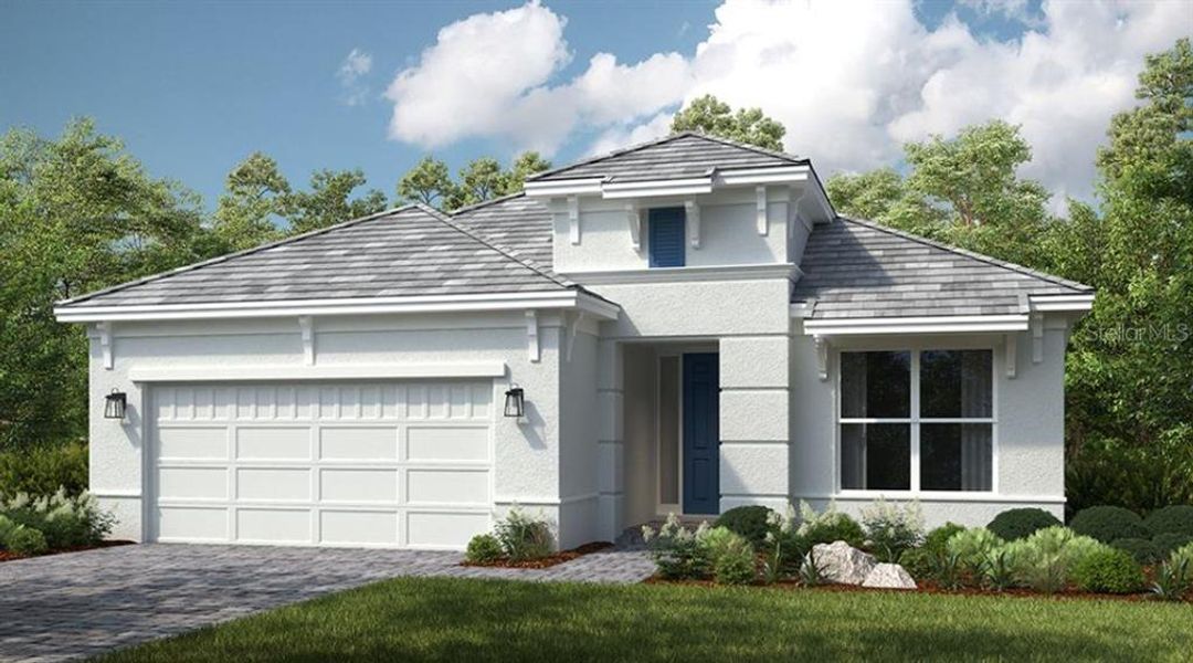 Front exterior of a new home in Esplanade at Westview, Kissimmee, FL, highlighting curb appeal (Image 1).