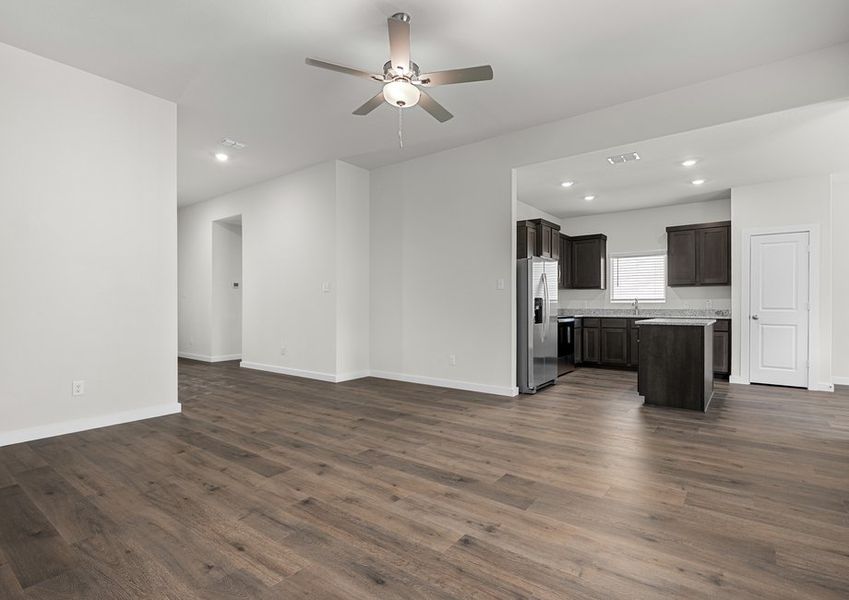 The living room sits right off of the kitchen.