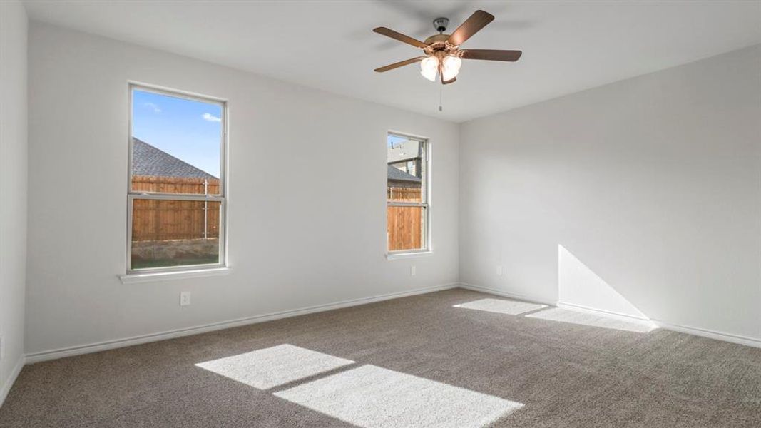 Empty room featuring plenty of natural light, carpet flooring, and a ceiling fan