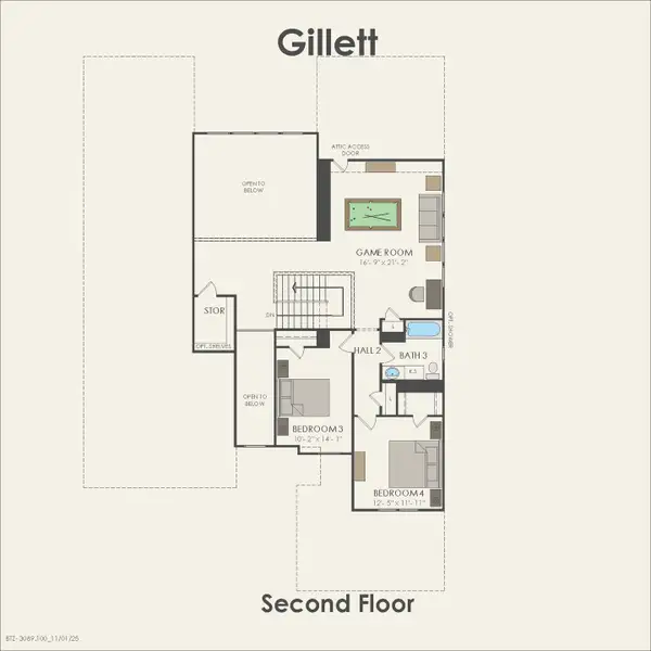 2D floor plan layout for the Gillett by Pulte Homes in Corley Farms, Boerne, TX (Image 4).