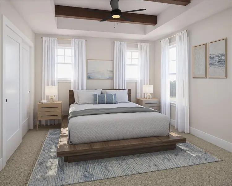 Carpeted bedroom featuring a raised ceiling, a ceiling fan, and beamed ceiling Carpeted bedroom featuring a raised ceiling, a ceiling fan, and beamed ceiling