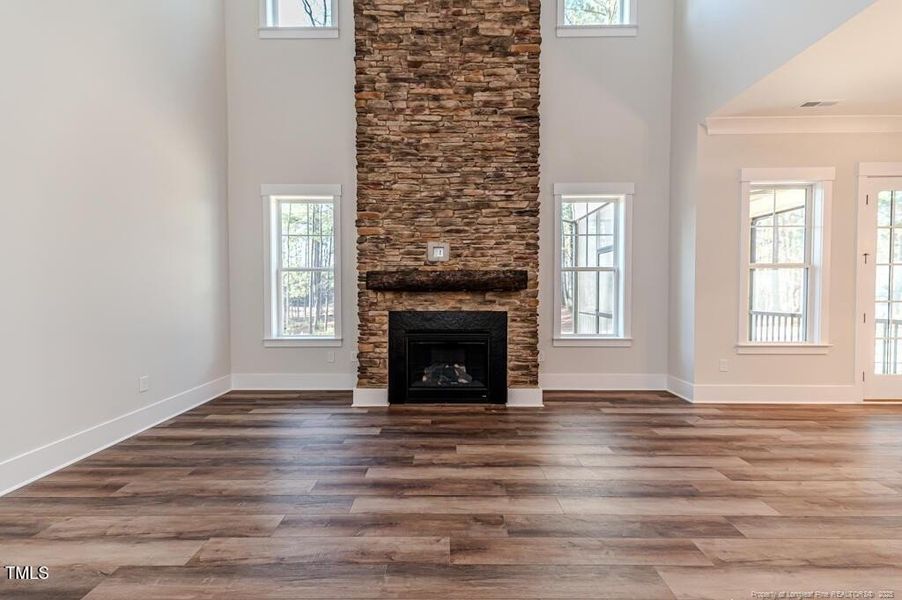 Floor to ceiling stone fireplace