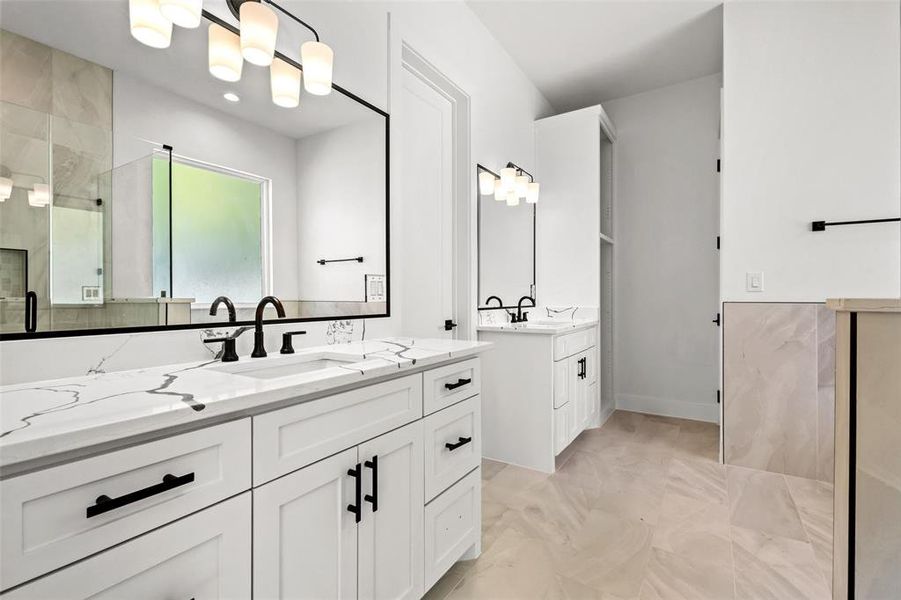 Bathroom with two vanities and a stall shower Bathroom with two vanities and a stall shower