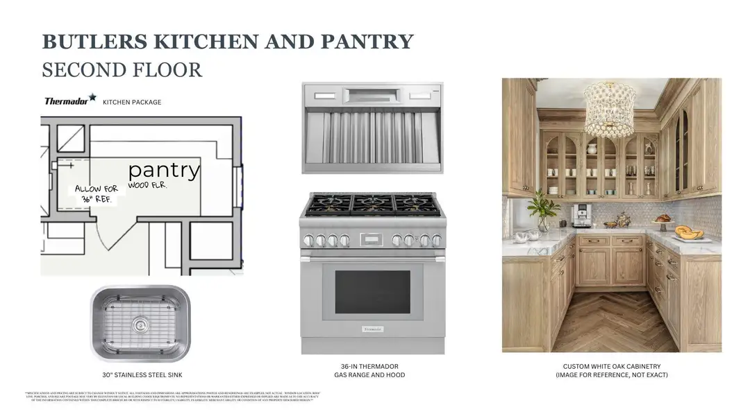 Elegant Butler’s Kitchen with Thermador Gas Range, Stainless Steel Sink, and Custom White Oak Cabinetry. Perfect for the one who likes to prepare in peace and entertain with style.