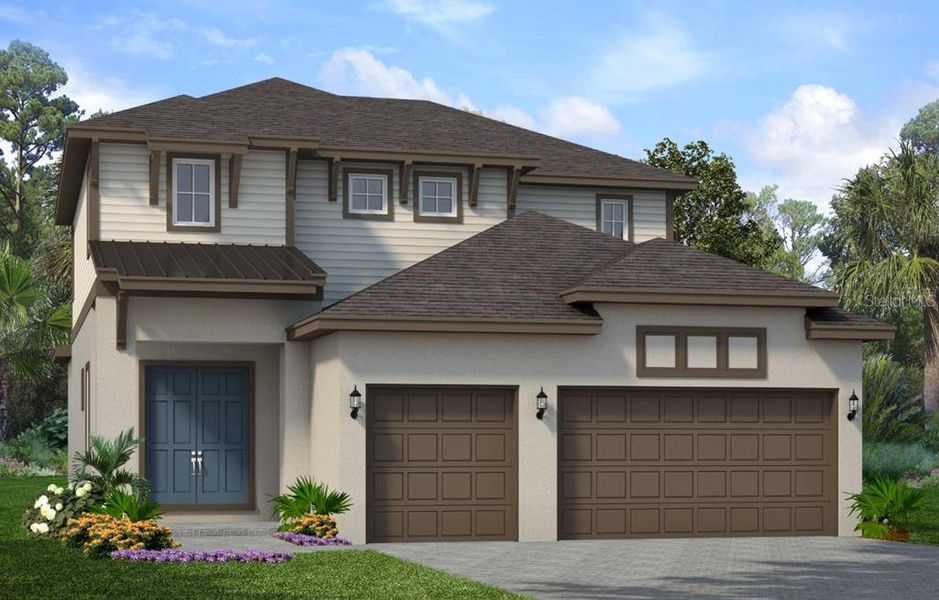 Front exterior of a new home in Marisol Pointe at MiraBay Florida Series, Apollo Beach, FL, highlighting curb appeal (Image 1).