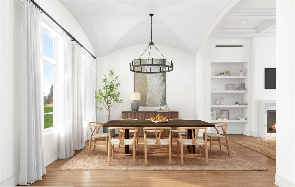 Unique Aesthetic - This dining room features an eye-catching groin vaulted ceiling, a six-candle black metal chandelier that lights up this extraordinary space. Designed for an oversized dining table with abundant space and  easy circulation seamlessly blending aesthetics with functionality.