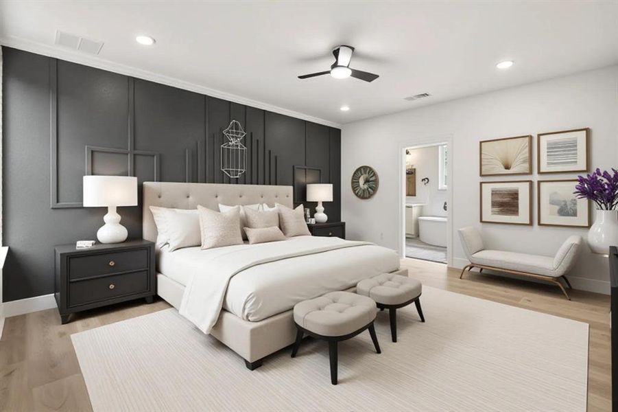 This bedroom features a stylish accent wall, recessed lighting, and a ceiling fan