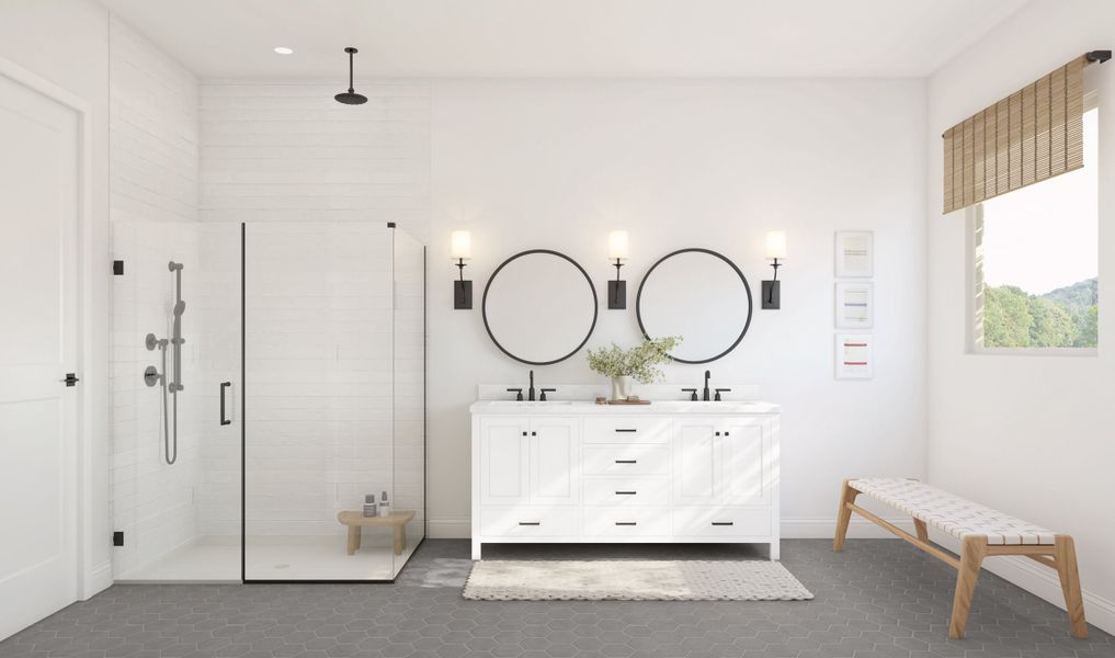 Primary bath with freestanding vanity