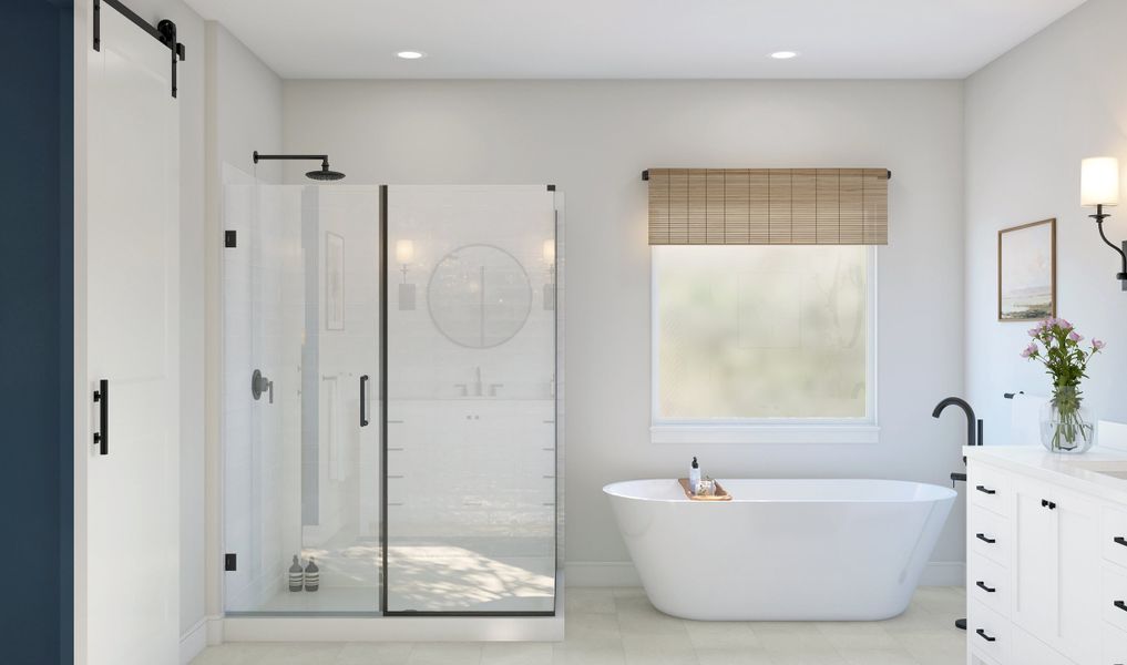 Primary bath with glass shower enclosure