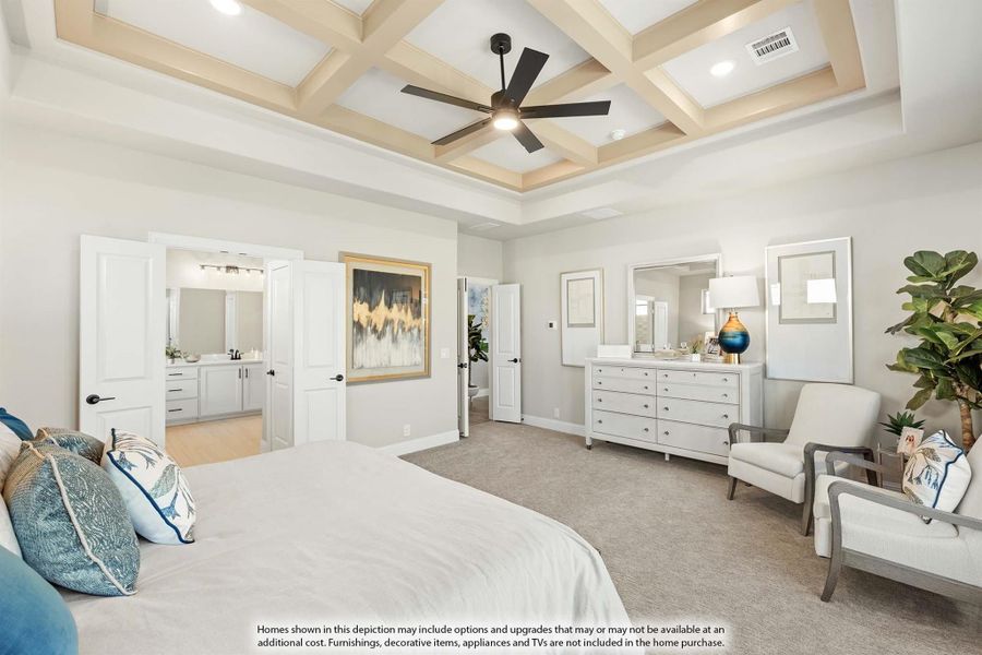 Master bedroom with coffered ceiling, ceiling fan, carpet floors, and open ensuite bathroom doorway Master bedroom with coffered ceiling, ceiling fan, carpet floors, and open ensuite bathroom doorway