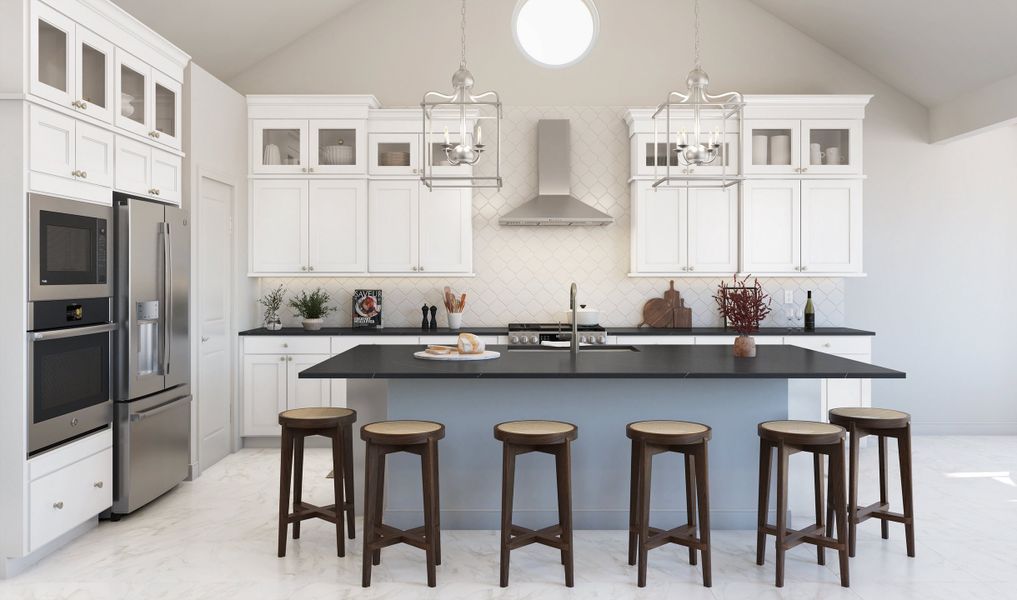 Kitchen with glass upper cabinets and pendant lighting