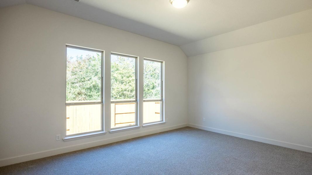 Carpeted empty room featuring baseboards and lofted ceiling