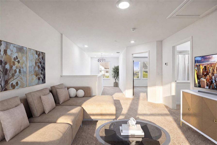 A comfortable lounging area awaits, bathed in natural light.  Some elements digitally staged.