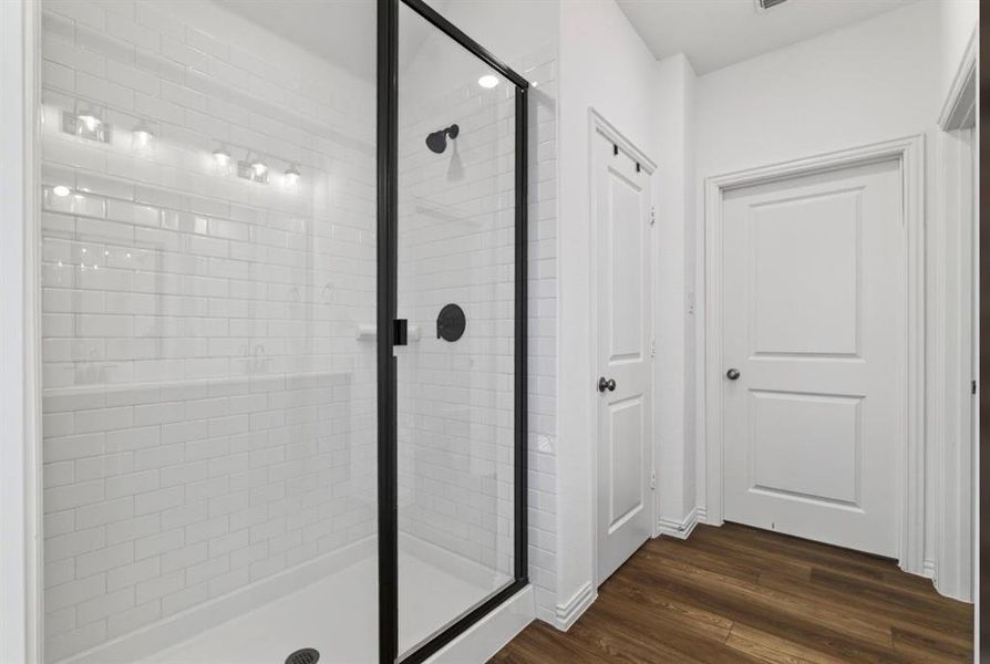 Bathroom with dark wood-style floors and a stall shower