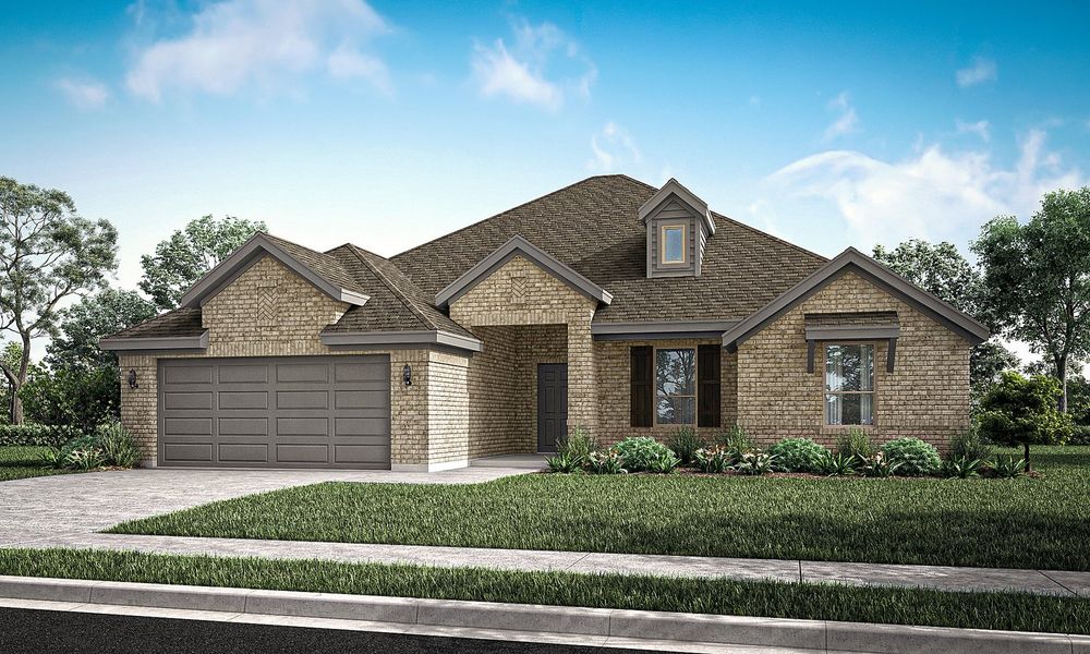 Representative exterior photo of a completed home built from the Cromwell II by Impression Homes in Mountain Valley Lake, Burleson, TX (Image 7). Representative exterior photo of a completed home built from the Cromwell II by Impression Homes in Mountain Valley Lake, Burleson, TX (Image 7).