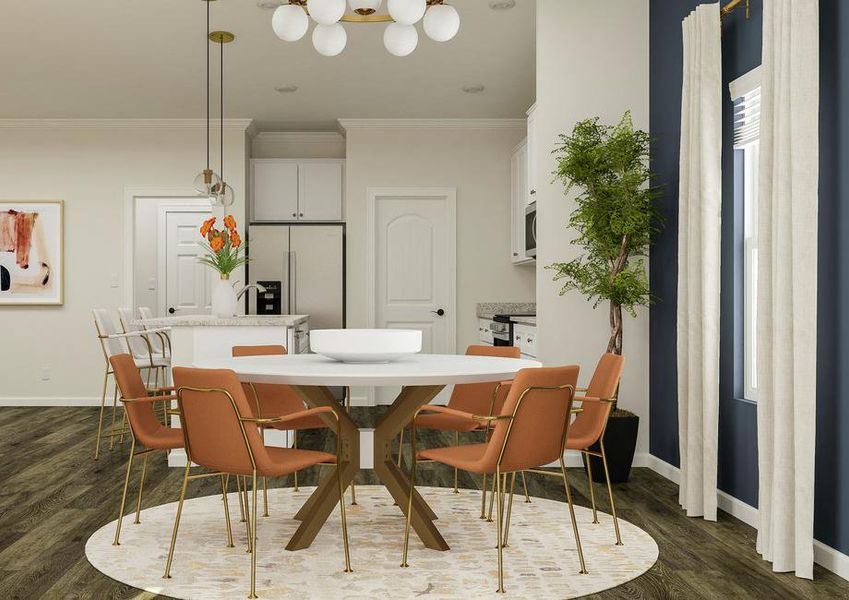 Rendering of the dining room with the
  kitchen in the background. The dining room is furnished with a round
  six-person table.