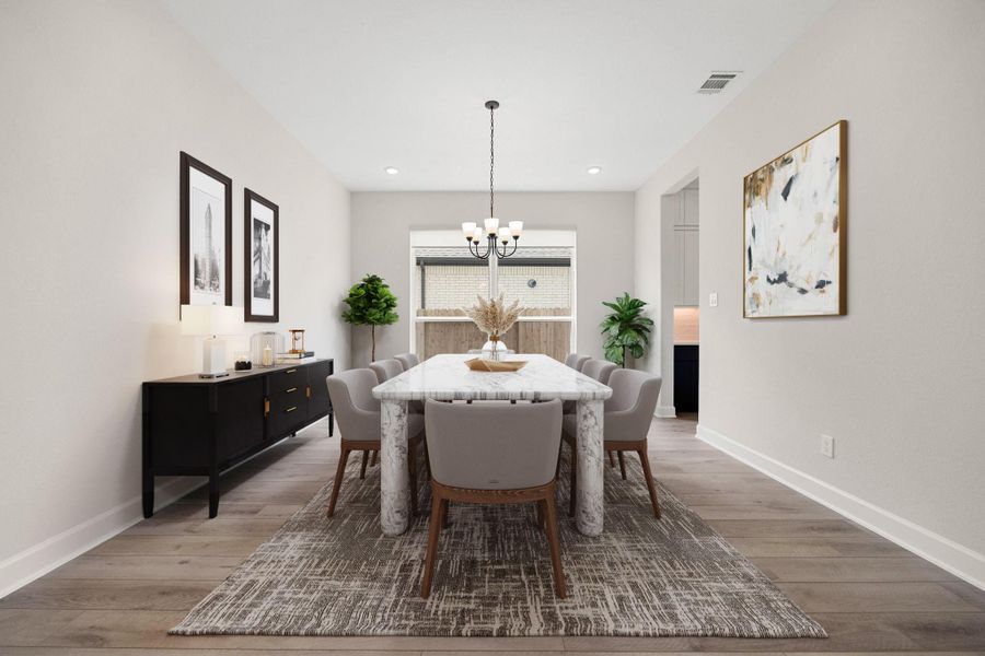 Elegant formal dining room designed for effortless entertaining and holiday gatherings. This spacious, open room features high ceilings, beautiful wide-plank wood-look flooring, and a classic central chandelier. An oversized window bathes the space in natural light, while the long, flexible footprint easily accommodates large dining sets and a serving buffet. *Virtually Staged Elegant formal dining room designed for effortless entertaining and holiday gatherings. This spacious, open room features high ceilings, beautiful wide-plank wood-look flooring, and a classic central chandelier. An oversized window bathes the space in natural light, while the long, flexible footprint easily accommodates large dining sets and a serving buffet. *Virtually Staged